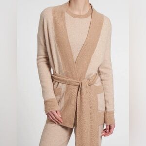 MADELEINE THOMPSON Calla 100% Cashmere Two-Tone, Tan, Long Open Cardigan, Large